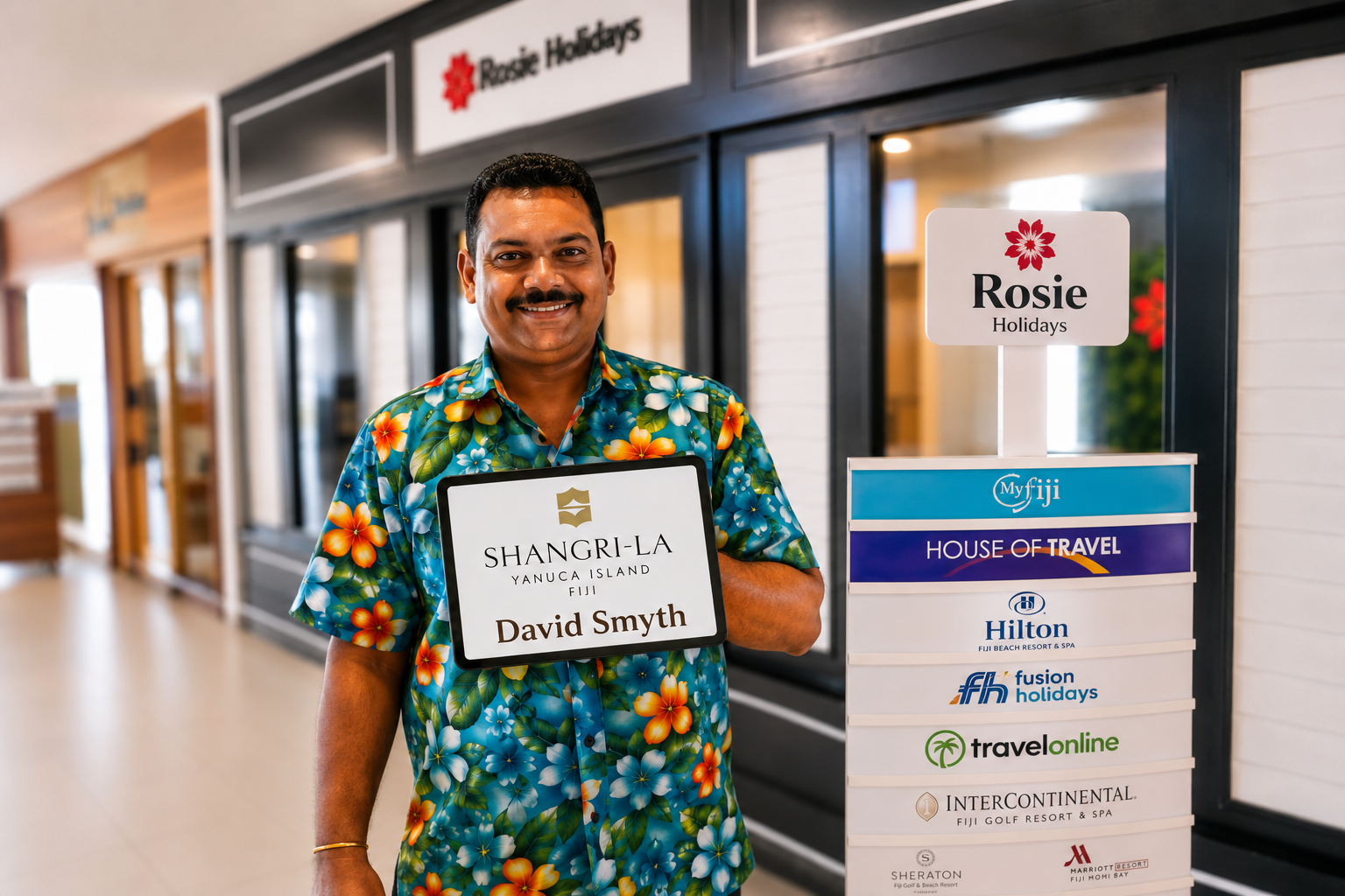 Rosie Holidays driver concierge with Shangri-La welcome sign at Nadi Airport