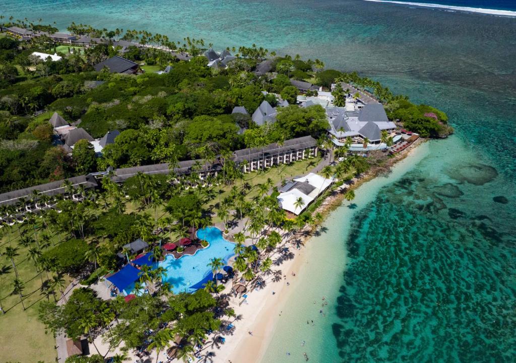 Aerial view of Shangri-La Yanuca Island Fiji resort and beach